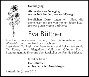 Traueranzeige von Eva Büttner von Mitteldeutsche Zeitung Sangerhausen