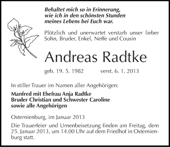 Traueranzeige von Andreas Radtke von Mitteldeutsche Zeitung Köthen