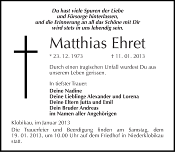 Traueranzeige von Matthias Ehret von Mitteldeutsche Zeitung Merseburg/Querfurt
