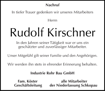 Traueranzeige von Rudolf Kirschner von Mitteldeutsche Zeitung Halle/Saalkreis