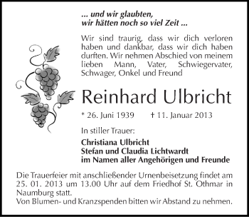 Traueranzeige von Reinhard Ulbricht von Mitteldeutsche Zeitung Naumburg/Nebra