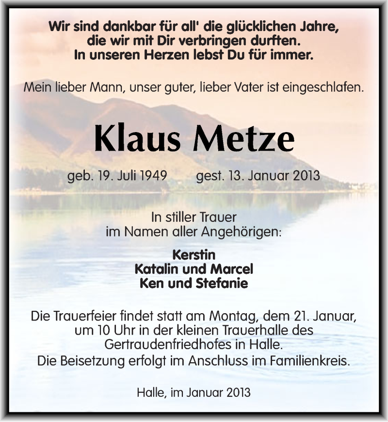  Traueranzeige für Klaus Metze vom 17.01.2013 aus Mitteldeutsche Zeitung Dessau-Roßlau