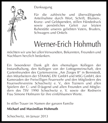 Traueranzeige von Werner-Erich Hohmuth von Mitteldeutsche Zeitung Halle/Saalkreis