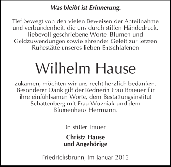 Traueranzeige von Wilhelm Hause von Mitteldeutsche Zeitung Quedlinburg