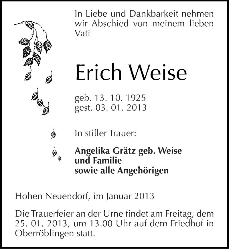 Traueranzeigen von Erich Weise www.abschiednehmen.de