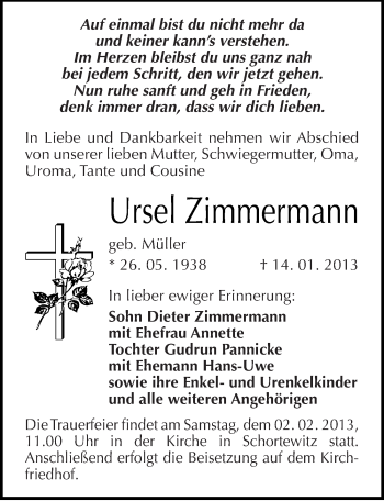 Traueranzeige von Ursel Zimmermann von Mitteldeutsche Zeitung Köthen