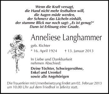 Traueranzeige von Anneliese Langhammer von Mitteldeutsche Zeitung Bitterfeld