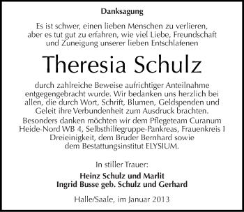 Traueranzeige von Theresia Schulz von Mitteldeutsche Zeitung Halle/Saalkreis