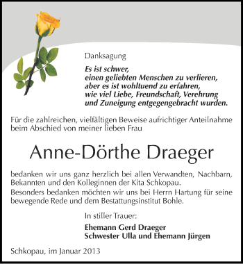 Traueranzeige von Anne-Dörthe Draeger von Mitteldeutsche Zeitung Merseburg/Querfurt