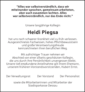 Traueranzeige von Heidi Piegsa von Mitteldeutsche Zeitung Dessau-Roßlau