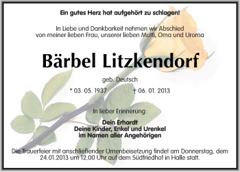 Traueranzeige von Bärbel Litzkendorf von Mitteldeutsche Zeitung Halle/Saalkreis