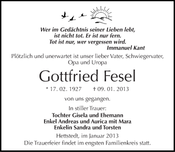 Traueranzeige von Gottfried Fesel von Mitteldeutsche Zeitung Mansfelder Land