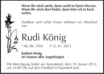 Traueranzeige von Rudi König von Mitteldeutsche Zeitung Halle/Saalkreis