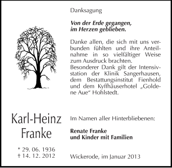 Traueranzeige von Karl-Heinz Franke von Mitteldeutsche Zeitung Sangerhausen