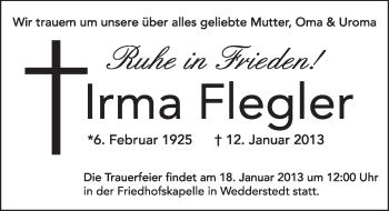 Traueranzeige von Irma Flegler von Mitteldeutsche Zeitung Quedlinburg