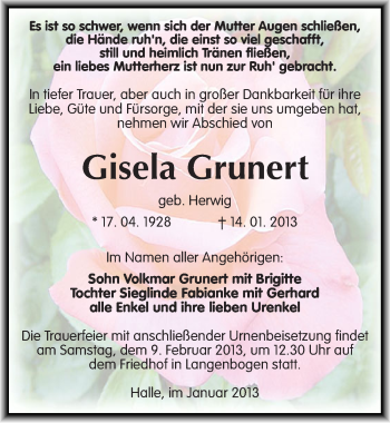 Traueranzeige von Gisela Grunert von Mitteldeutsche Zeitung Halle/Saalkreis