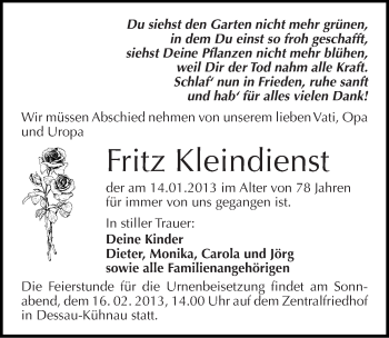 Traueranzeige von Fritz Kleindienst von Mitteldeutsche Zeitung Dessau-Roßlau