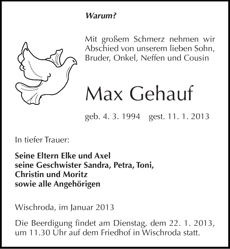  Traueranzeige für Max Gehauf vom 17.01.2013 aus Mitteldeutsche Zeitung Naumburg/Nebra