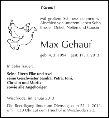 Traueranzeige von Max Gehauf von Mitteldeutsche Zeitung Naumburg/Nebra