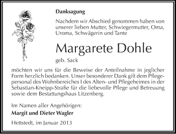 Traueranzeige von Margarete Dohle von Mitteldeutsche Zeitung Mansfelder Land
