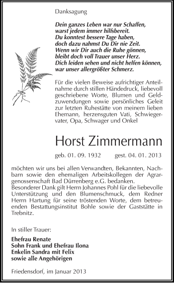 Traueranzeige von Horst Zimmermann von Mitteldeutsche Zeitung Merseburg/Querfurt