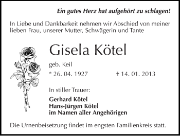 Traueranzeige von Gisela Kötel von Mitteldeutsche Zeitung Halle/Saalkreis