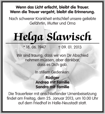 Traueranzeige von Helga Slawisch von Mitteldeutsche Zeitung Halle/Saalkreis