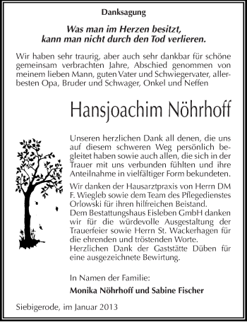 Traueranzeige von Hansjoachim Nöhrhoff von Mitteldeutsche Zeitung Bernburg