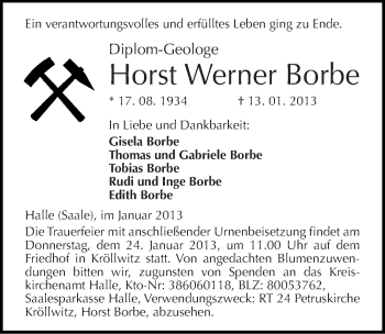 Traueranzeige von Horst Werner Borbe von Mitteldeutsche Zeitung Halle/Saalkreis