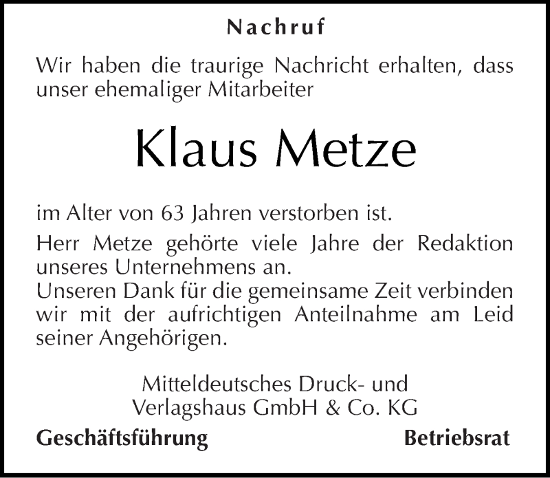  Traueranzeige für Klaus Metze vom 17.01.2013 aus Mitteldeutsche Zeitung Aschersleben