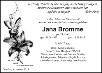 Traueranzeige von Jana Bromme von Mitteldeutsche Zeitung Merseburg/Querfurt