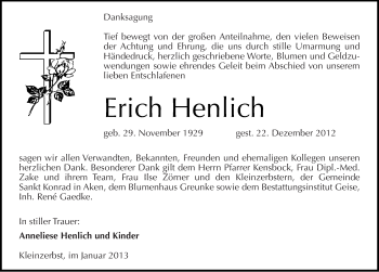 Traueranzeige von Erich Henlich von Mitteldeutsche Zeitung Köthen