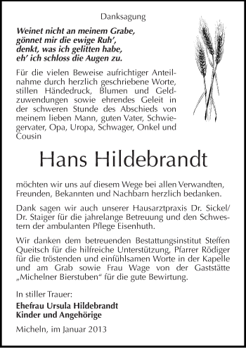 Traueranzeige von Hans Hildebrandt von Mitteldeutsche Zeitung Köthen