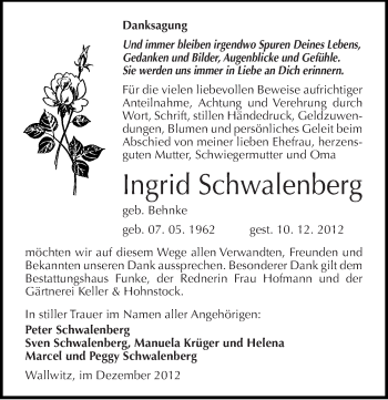 Traueranzeige von Ingrid Schwalenberg von Mitteldeutsche Zeitung Halle/Saalkreis
