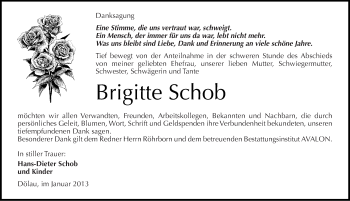 Traueranzeige von Brigitte Schob von Mitteldeutsche Zeitung Halle/Saalkreis