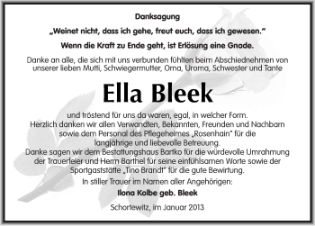 Traueranzeige von Ella Bleek von Mitteldeutsche Zeitung Köthen