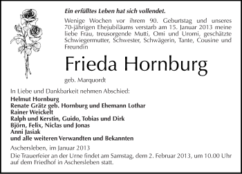 Traueranzeige von Frieda Hornburg von Mitteldeutsche Zeitung Aschersleben