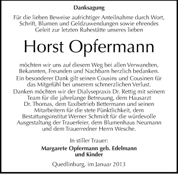 Traueranzeige von Horst Opfermann von Mitteldeutsche Zeitung Quedlinburg