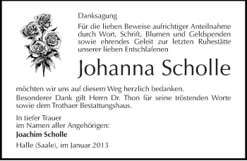 Traueranzeige von Johanna Scholle von Mitteldeutsche Zeitung Halle/Saalkreis