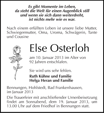 Traueranzeige von Else Osterloh von Mitteldeutsche Zeitung Sangerhausen