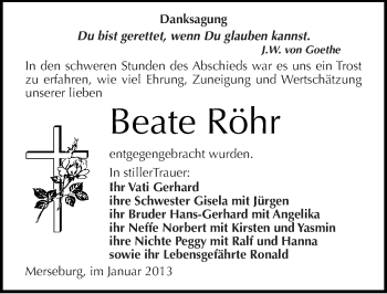 Traueranzeige von Beate Röhr von Mitteldeutsche Zeitung Merseburg/Querfurt