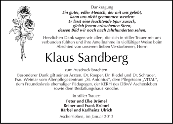 Traueranzeige von Klaus Sandberg von Mitteldeutsche Zeitung Aschersleben