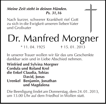 Traueranzeige von Manfred Morgner von Mitteldeutsche Zeitung Bitterfeld