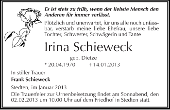 Traueranzeige von Irina Schieweck von Mitteldeutsche Zeitung Mansfelder Land