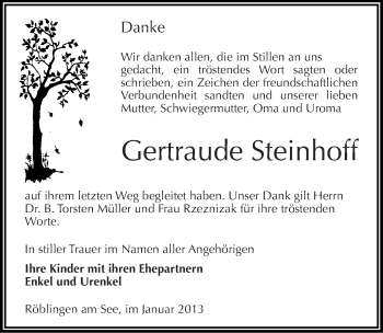 Traueranzeige von Gertraude Steinhoff von Mitteldeutsche Zeitung Mansfelder Land