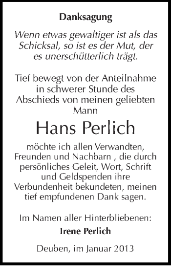 Traueranzeige von Hans Perlich von Mitteldeutsche Zeitung Weißenfels