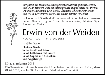 Traueranzeige von Erwin von der Weiden von Mitteldeutsche Zeitung Köthen