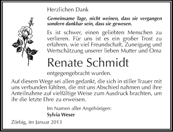 Traueranzeige von Renate Schmidt von Mitteldeutsche Zeitung Halle/Saalkreis