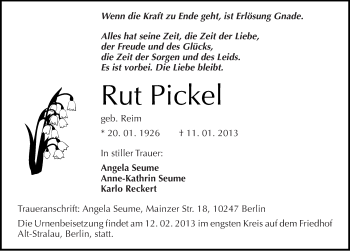 Traueranzeige von Rut Pickel von Mitteldeutsche Zeitung Weißenfels