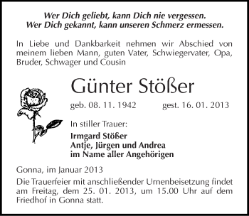 Traueranzeige von Günter Stößer von Mitteldeutsche Zeitung Sangerhausen